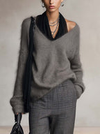 Charcoal Grey Fuzzy Knit Jumper with Black Chiffon Halter Neck Detail