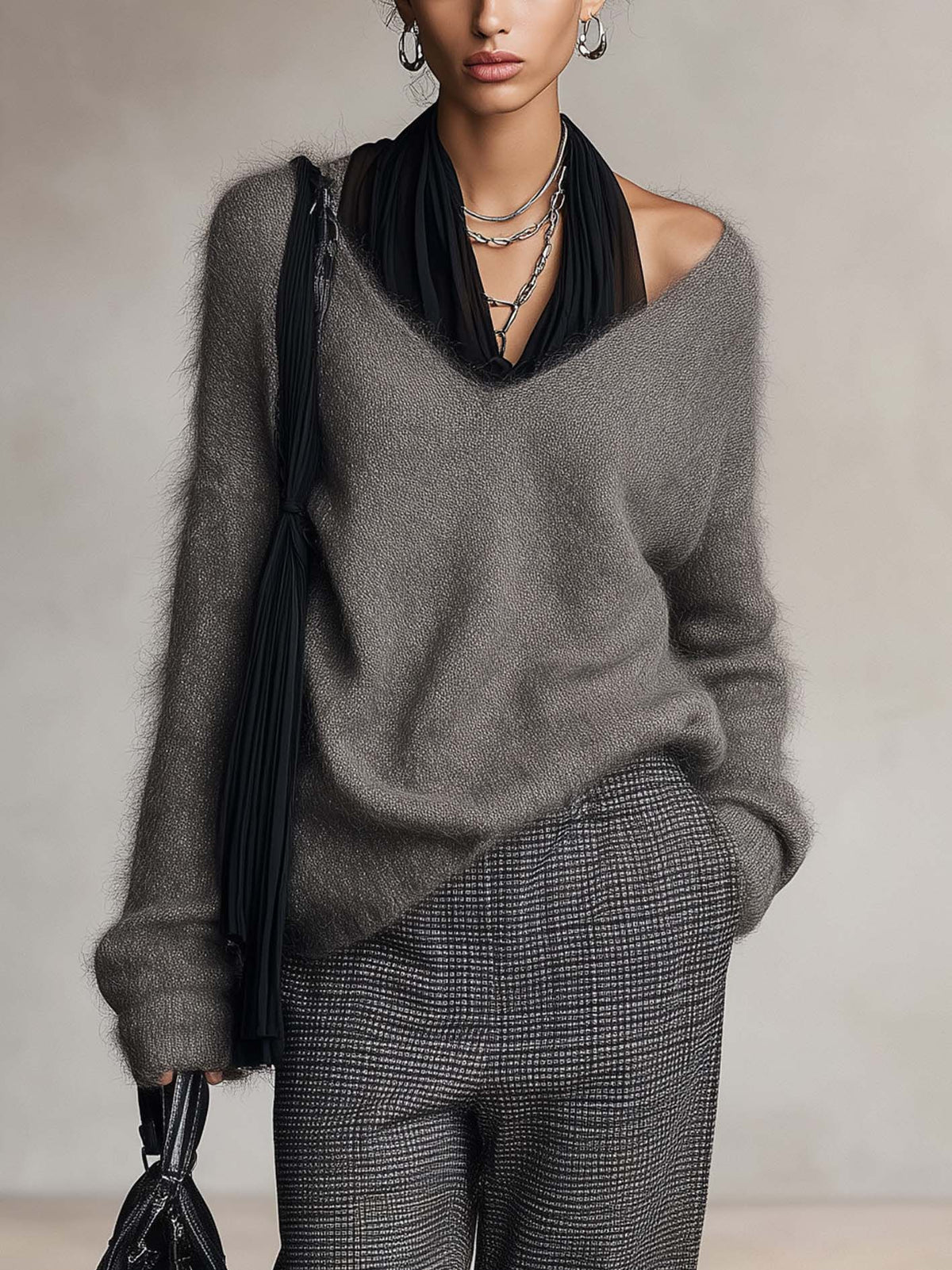 Charcoal Grey Fuzzy Knit Jumper with Black Chiffon Halter Neck Detail