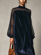 Midnight Navy Velvet Midi Dress with Sheer Lace Yoke and Tiered Chiffon Hem