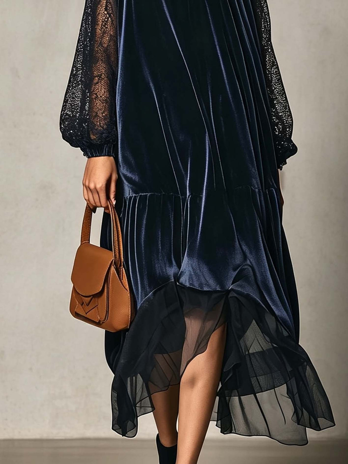 Midnight Navy Velvet Midi Dress with Sheer Lace Yoke and Tiered Chiffon Hem