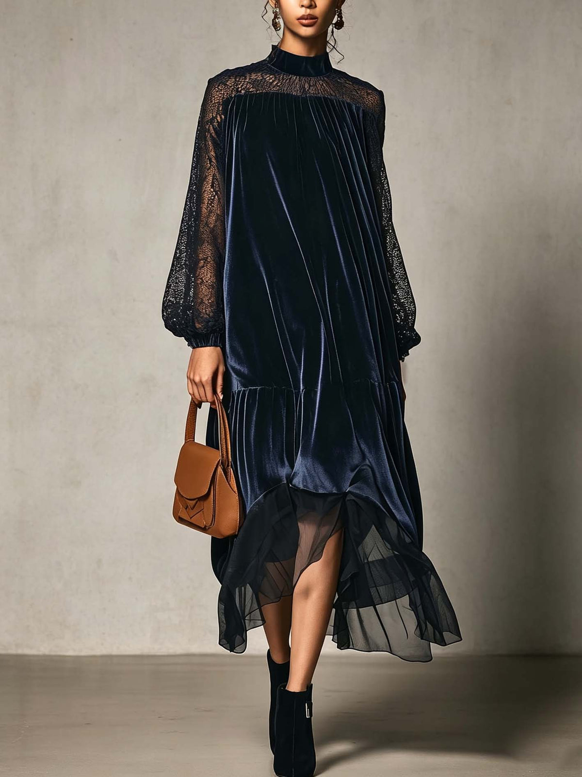 Midnight Navy Velvet Midi Dress with Sheer Lace Yoke and Tiered Chiffon Hem