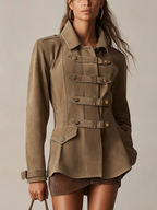Khaki Faux Suede Military Style Short Jacket