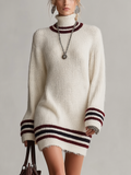 Cream Striped Roll Neck Knit Mini Dress