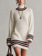 Cream Striped Roll Neck Knit Mini Dress