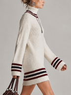 Cream Striped Roll Neck Knit Mini Dress
