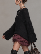 Black Fuzzy Knit Burgundy Ruffle Mini Dress