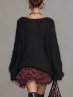 Black Fuzzy Knit Burgundy Ruffle Mini Dress