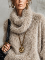 Camel Oversized Faux Mink Knit Cowl Neck Jumper