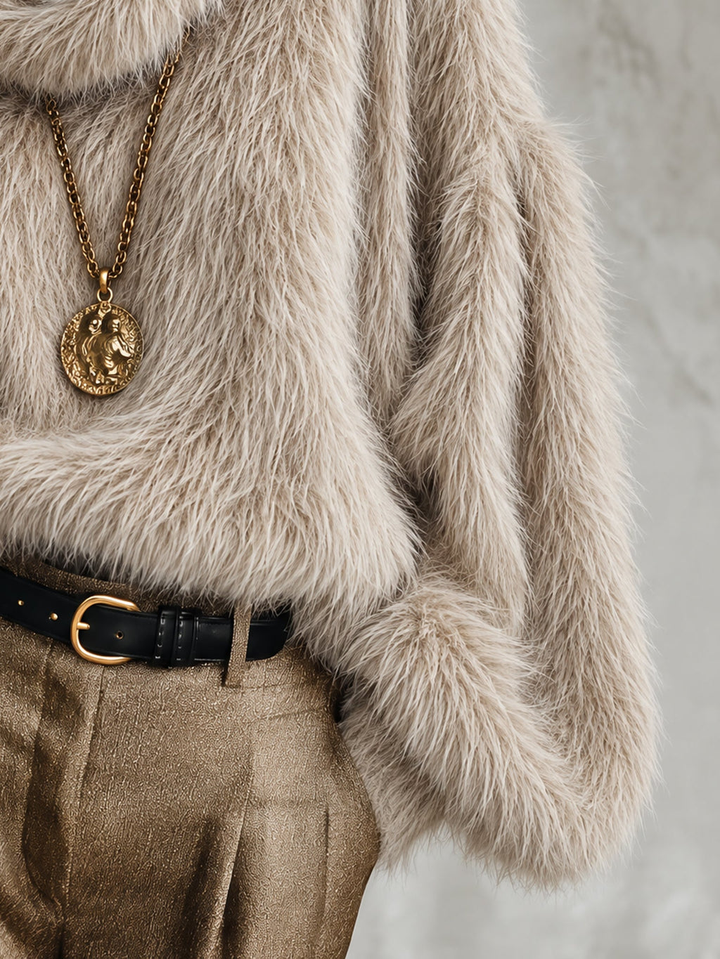 Camel Oversized Faux Mink Knit Cowl Neck Jumper