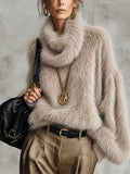 Camel Oversized Faux Mink Knit Cowl Neck Jumper