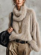 Camel Oversized Faux Mink Knit Cowl Neck Jumper
