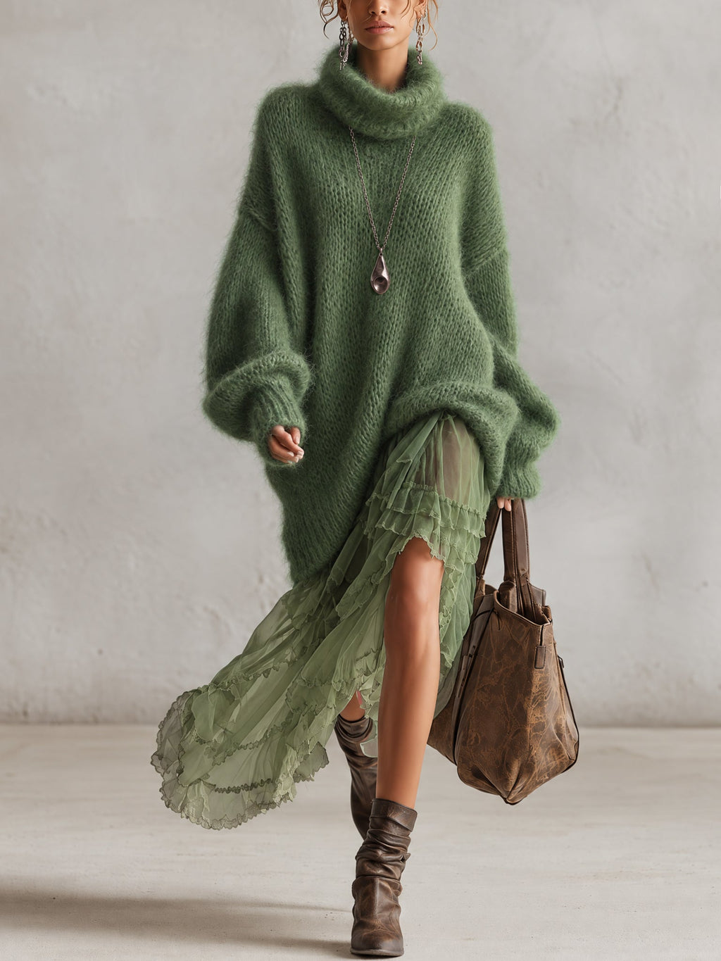 Green Oversized Mohair Knit Roll Neck Midi Dress with Chiffon Ruffle Hem