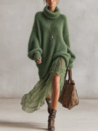 Green Oversized Mohair Knit Roll Neck Midi Dress with Chiffon Ruffle Hem