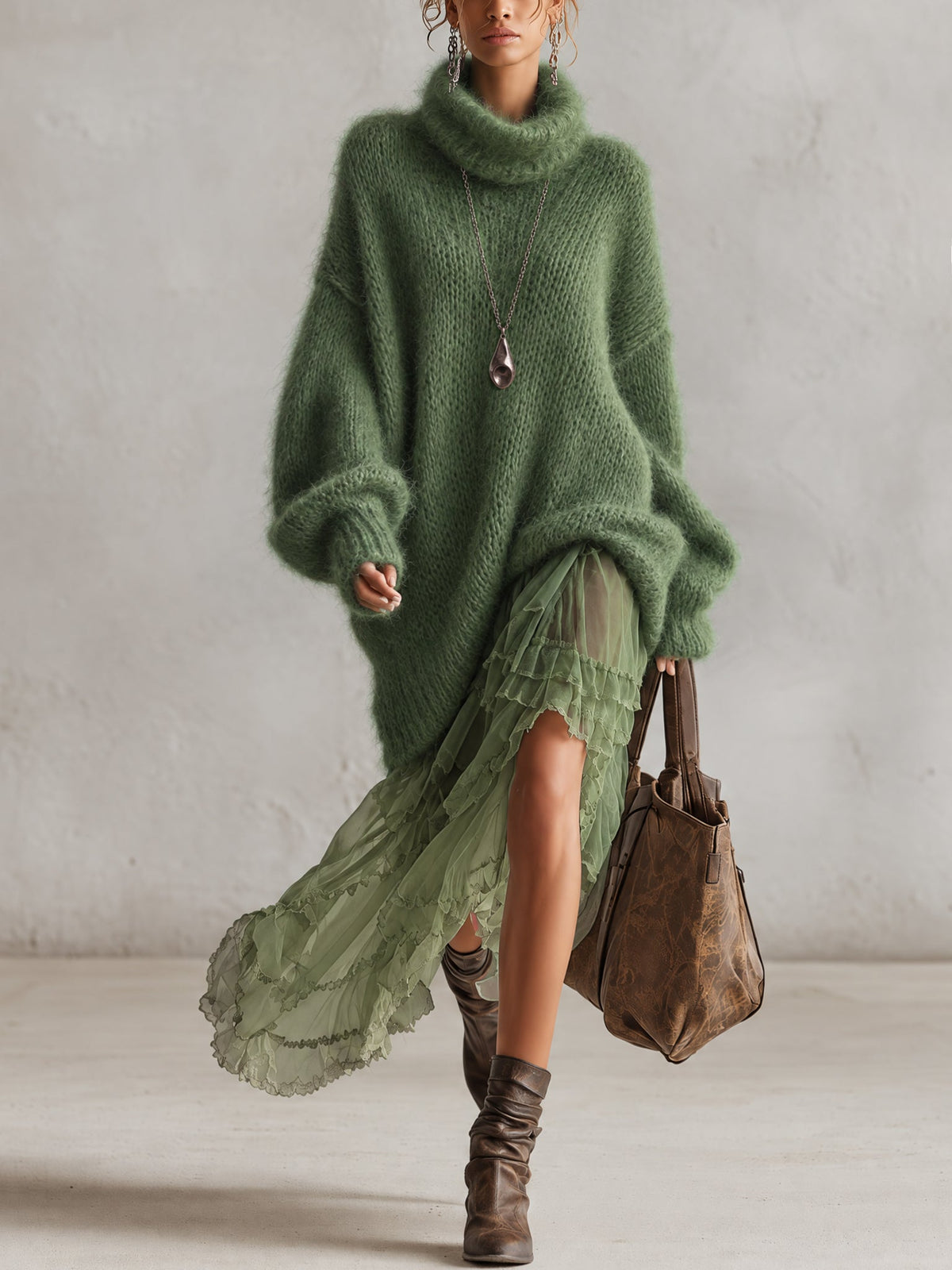 Green Oversized Mohair Knit Roll Neck Midi Dress with Chiffon Ruffle Hem