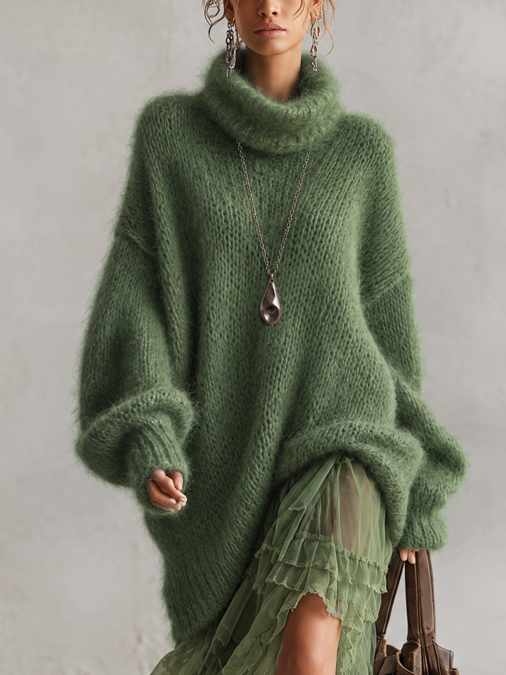 Green Oversized Mohair Knit Roll Neck Midi Dress with Chiffon Ruffle Hem