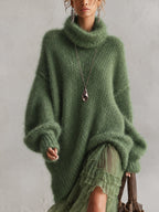 Green Oversized Mohair Knit Roll Neck Midi Dress with Chiffon Ruffle Hem