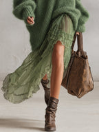 Green Oversized Mohair Knit Roll Neck Midi Dress with Chiffon Ruffle Hem