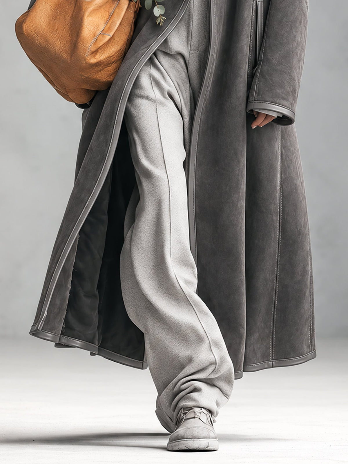 Grey Faux Suede Long Coat with Leather Bound Edges