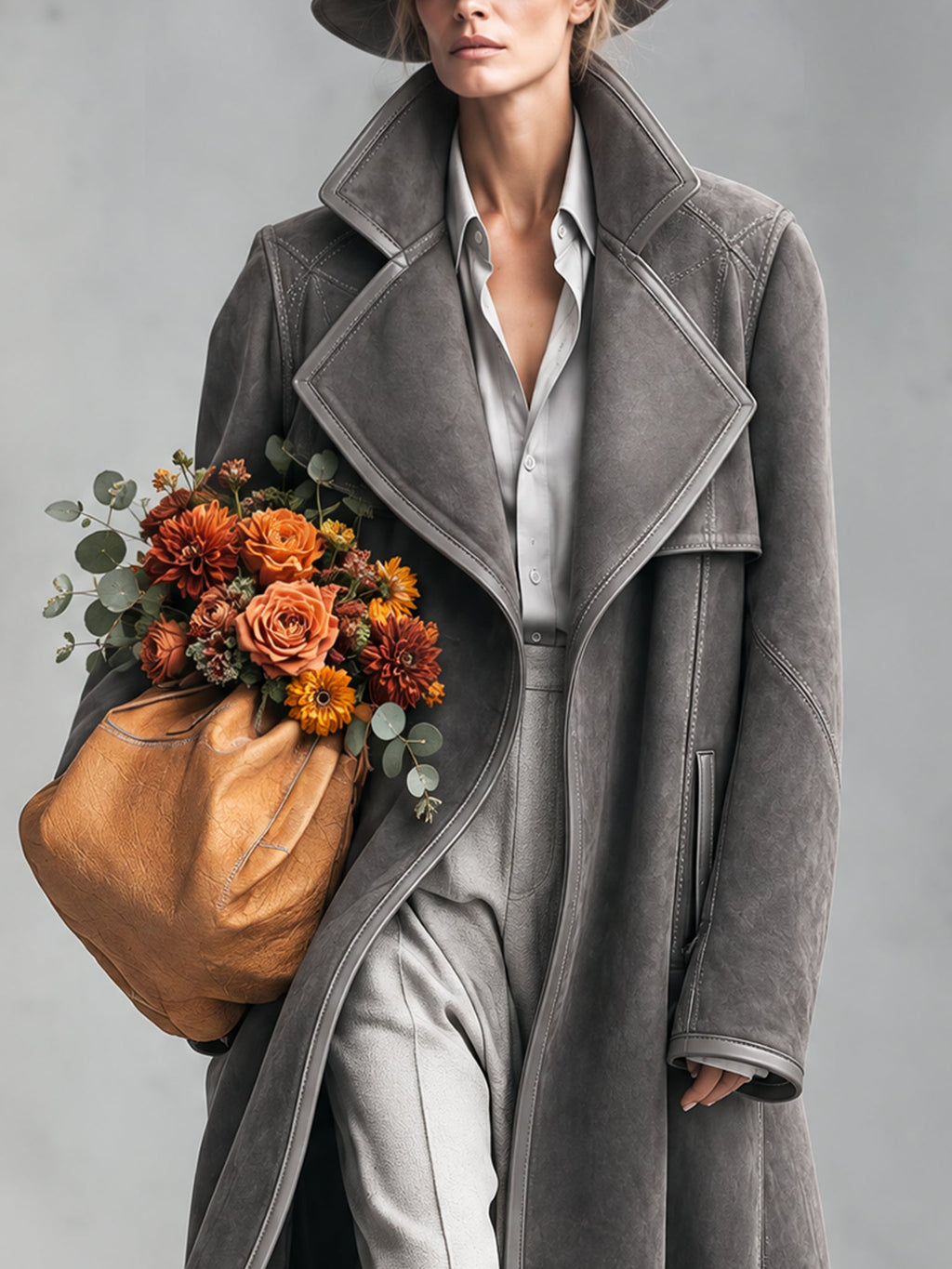 Grey Faux Suede Long Coat with Leather Bound Edges