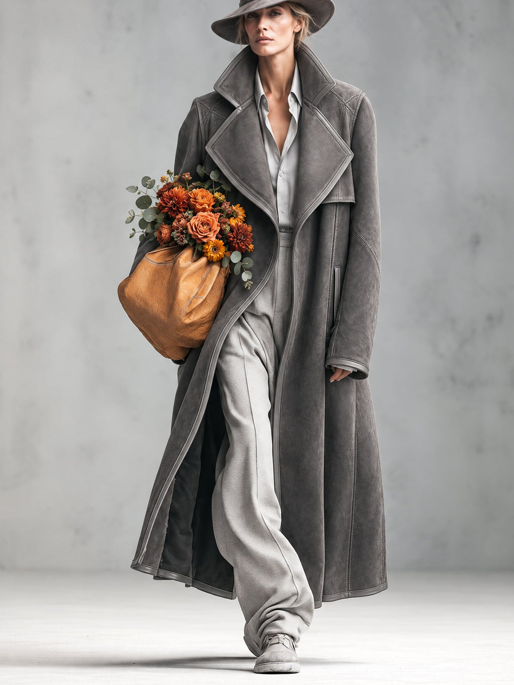 Grey Faux Suede Long Coat with Leather Bound Edges