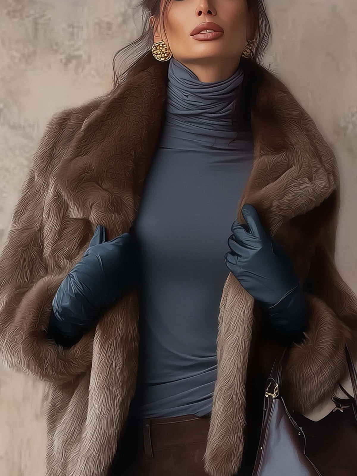 Chocolate Brown Long-Pile Faux Fur Jacket with Oversized Shawl Collar