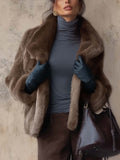 Chocolate Brown Long-Pile Faux Fur Jacket with Oversized Shawl Collar