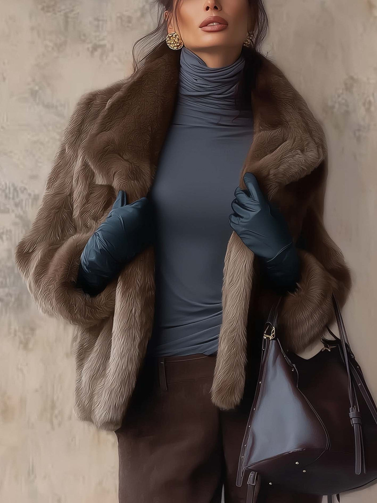 Chocolate Brown Long-Pile Faux Fur Jacket with Oversized Shawl Collar