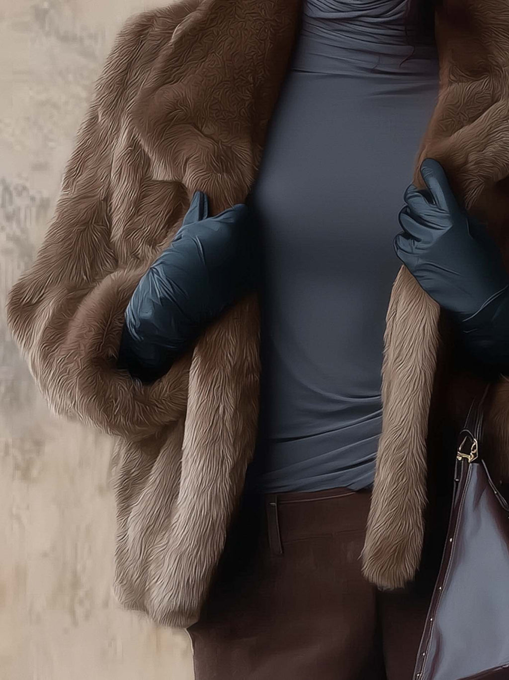 Chocolate Brown Long-Pile Faux Fur Jacket with Oversized Shawl Collar