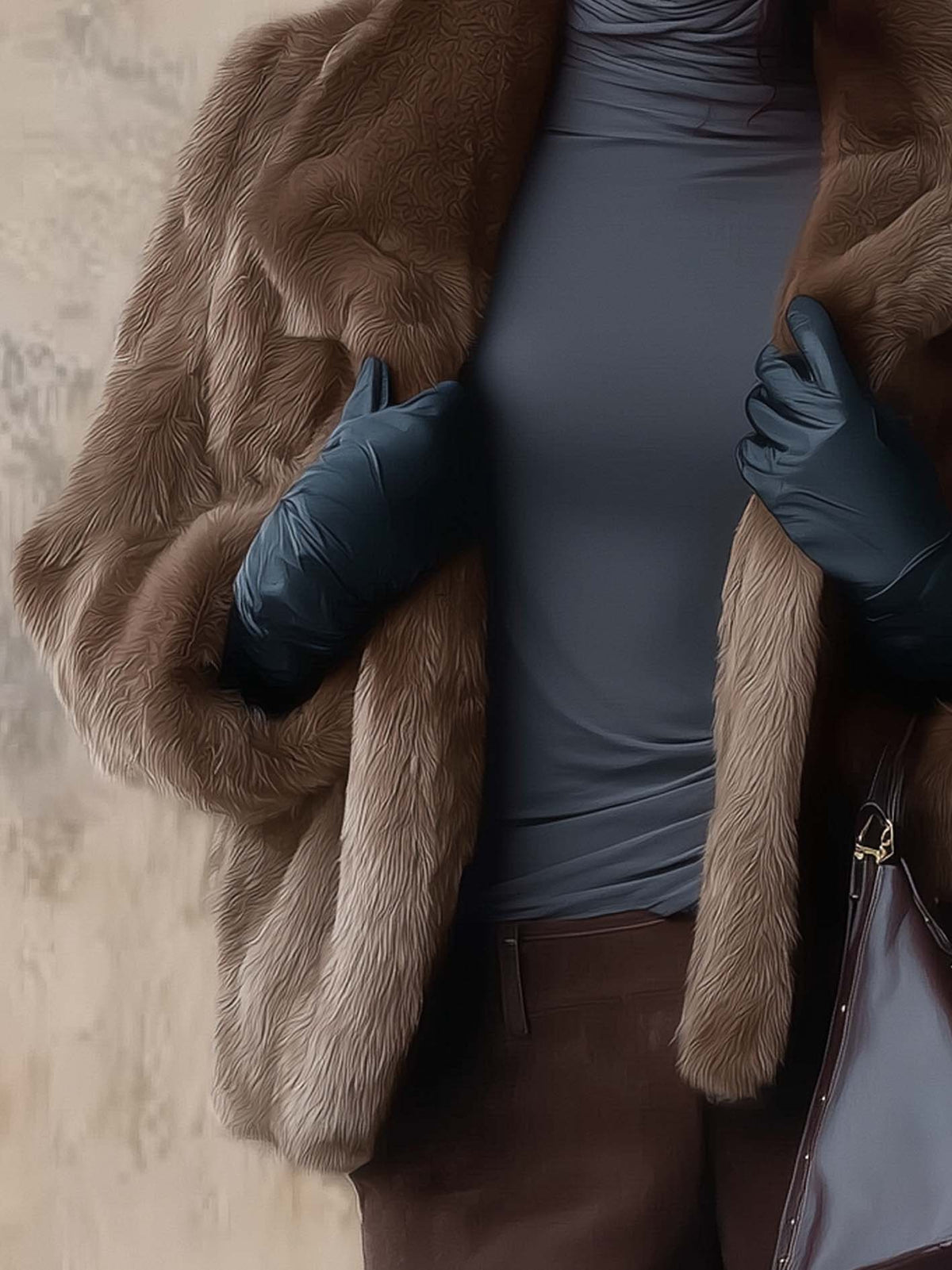 Chocolate Brown Long-Pile Faux Fur Jacket with Oversized Shawl Collar