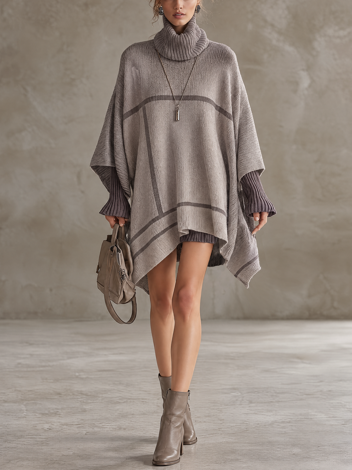 Lavender Faux Two-Piece Roll Neck Poncho Jumper Dress