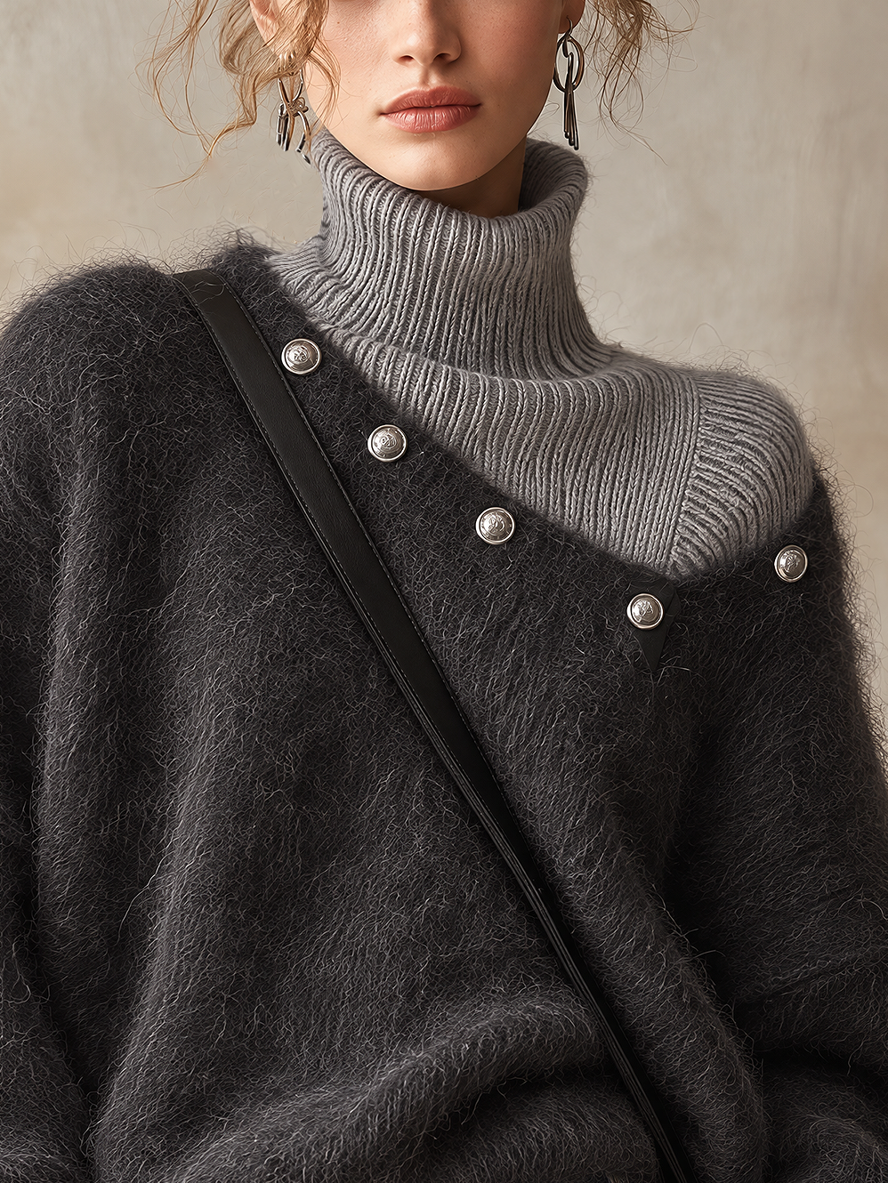 Dark Grey Faux Two-Piece Ribbed Mohair Roll Neck Jumper
