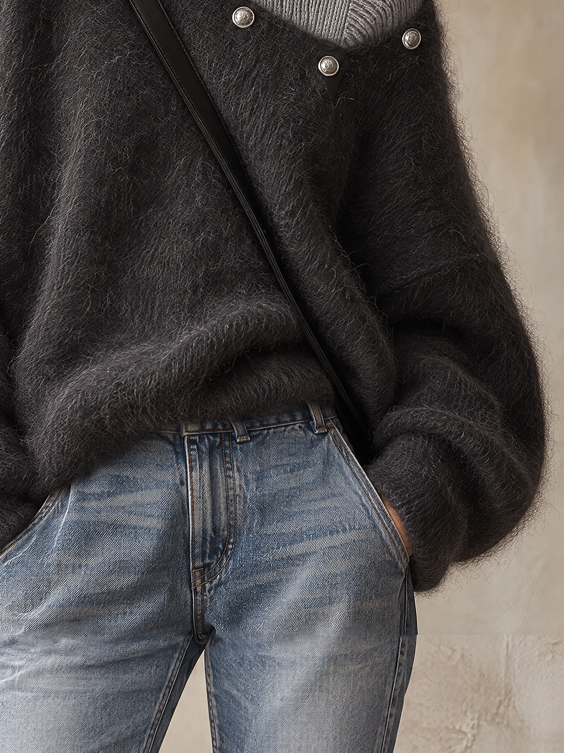 Dark Grey Faux Two-Piece Ribbed Mohair Roll Neck Jumper