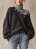 Dark Grey Faux Two-Piece Ribbed Mohair Roll Neck Jumper