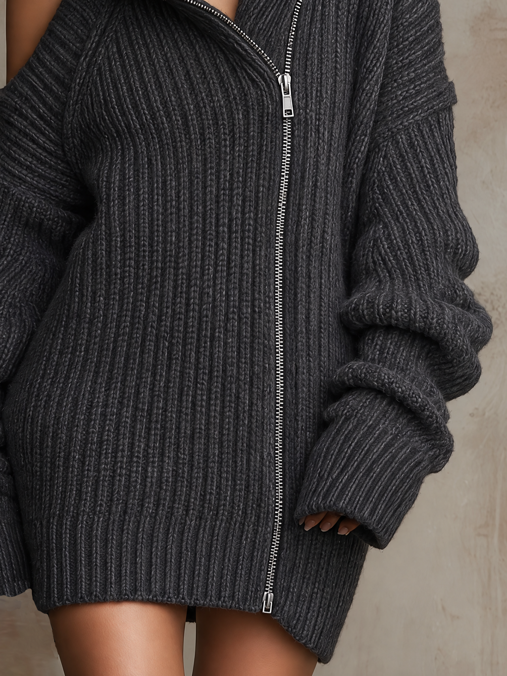 Dark Grey Ribbed Zip-Off Shoulder Mini Jumper Dress