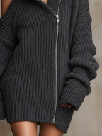 Dark Grey Ribbed Zip-Off Shoulder Mini Jumper Dress