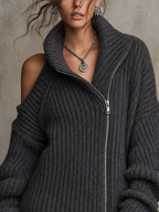 Dark Grey Ribbed Zip-Off Shoulder Mini Jumper Dress