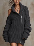 Dark Grey Ribbed Zip-Off Shoulder Mini Jumper Dress