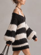 Black White Striped Fuzzy Knit Off Shoulder Mini Dress