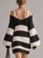 Black White Striped Fuzzy Knit Off Shoulder Mini Dress