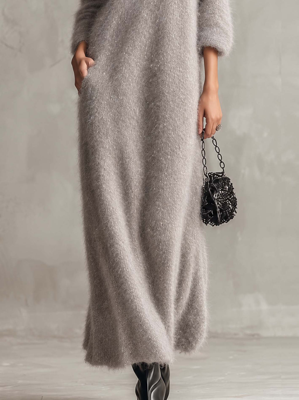 Silver Grey Shimmer Mohair Maxi Dress with Feather-Trim Cold Shoulder