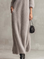 Silver Grey Shimmer Mohair Maxi Dress with Feather-Trim Cold Shoulder