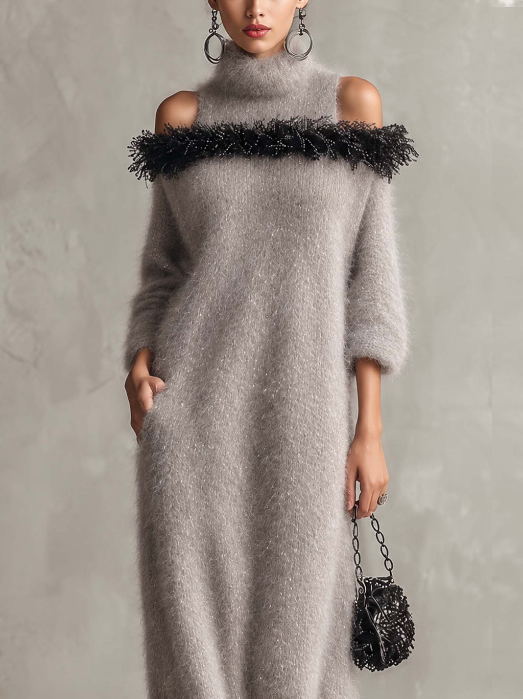 Silver Grey Shimmer Mohair Maxi Dress with Feather-Trim Cold Shoulder