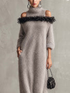 Silver Grey Shimmer Mohair Maxi Dress with Feather-Trim Cold Shoulder
