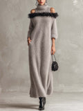 Silver Grey Shimmer Mohair Maxi Dress with Feather-Trim Cold Shoulder