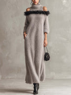 Silver Grey Shimmer Mohair Maxi Dress with Feather-Trim Cold Shoulder