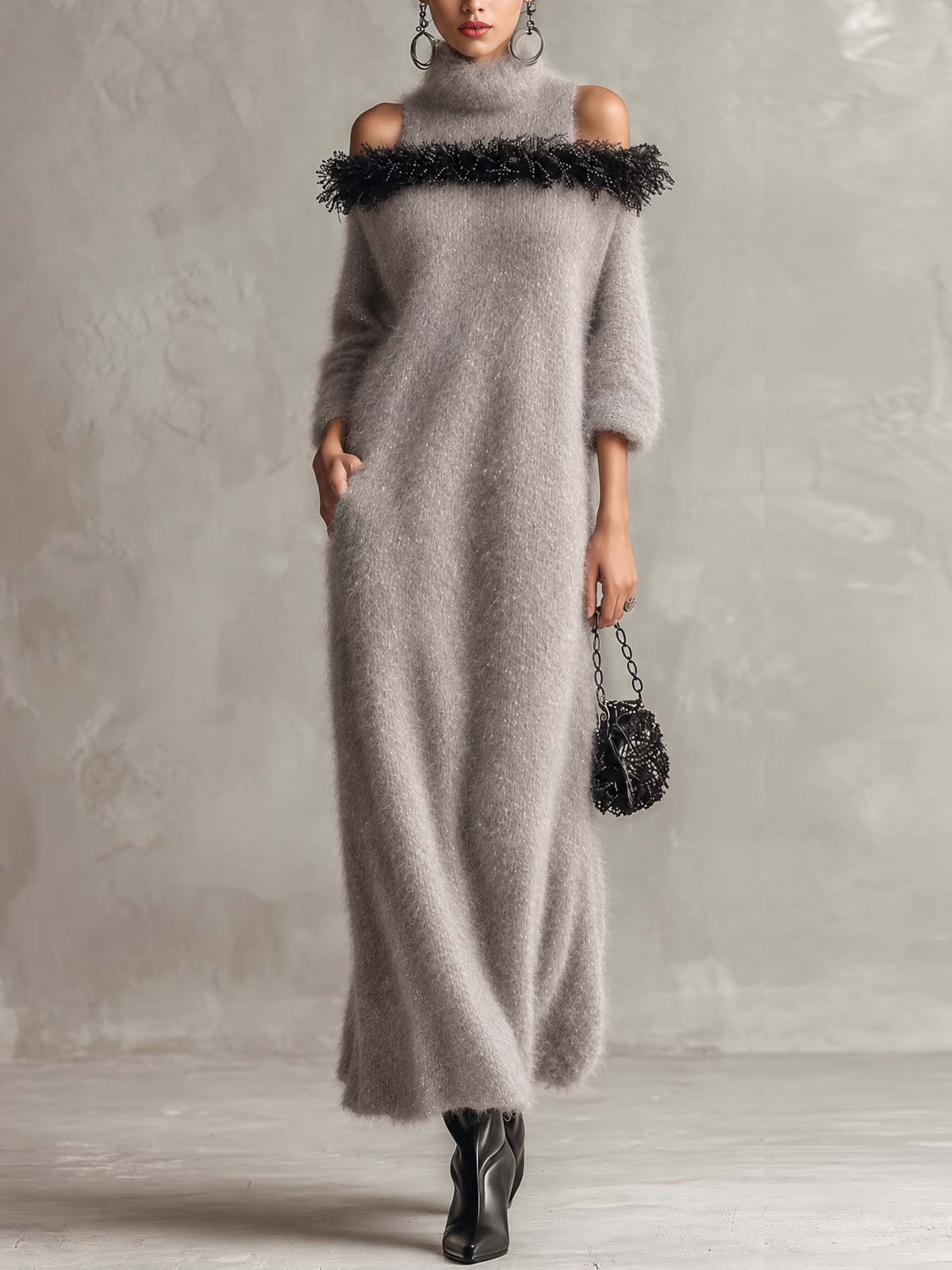 Silver Grey Shimmer Mohair Maxi Dress with Feather-Trim Cold Shoulder