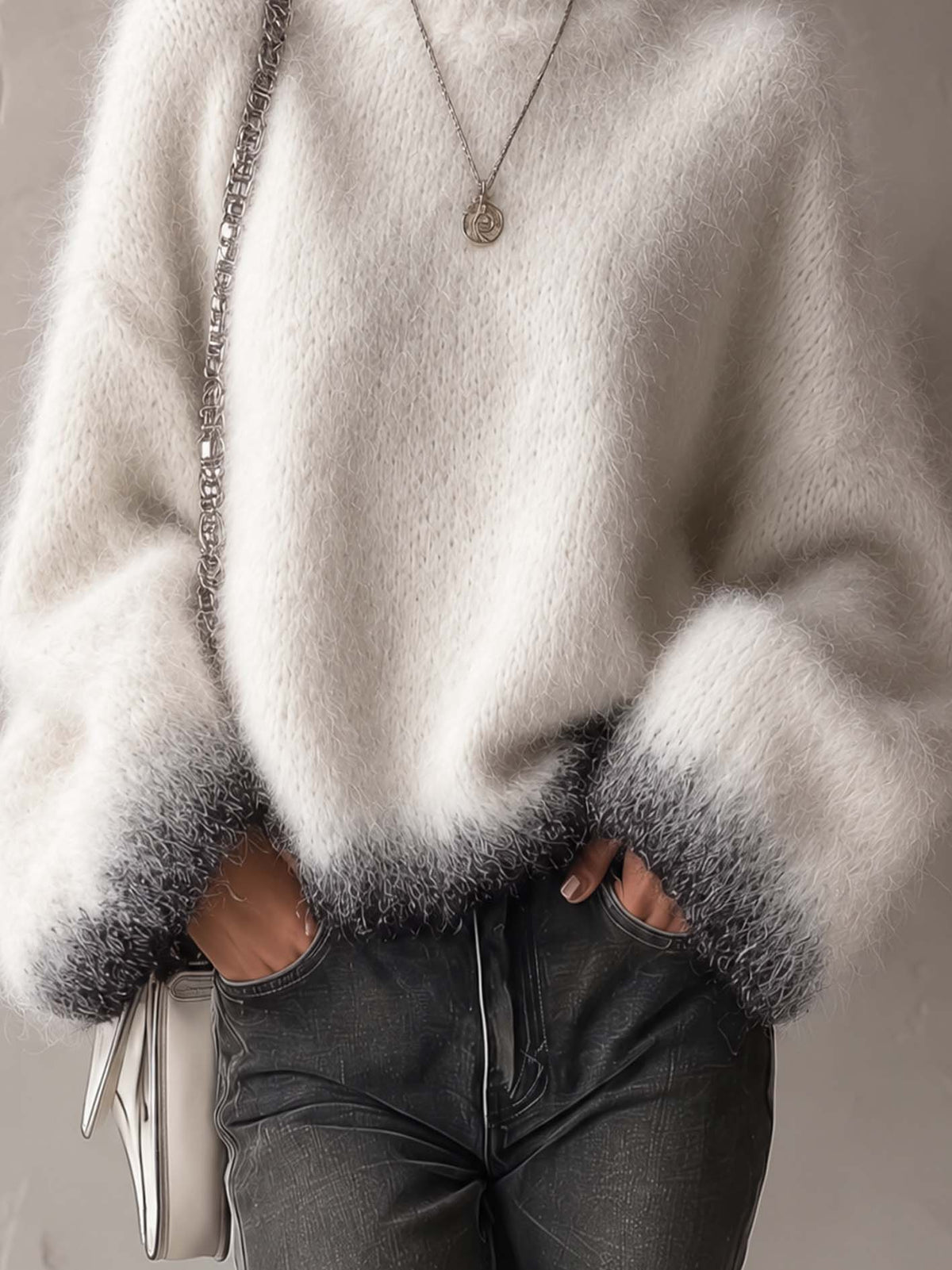 Ivory Mohair Jumper with Gradient Charcoal Cuffs and Hem
