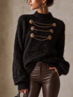 Black Shimmer Mohair Jumper with Gold Chain Button Detail