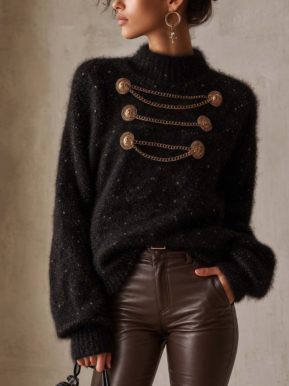 Black Shimmer Mohair Jumper with Gold Chain Button Detail