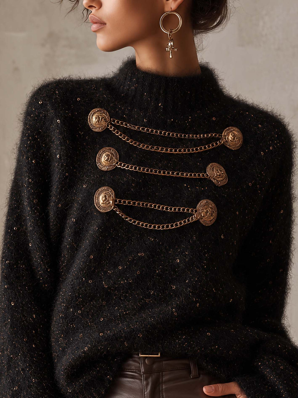 Black Shimmer Mohair Jumper with Gold Chain Button Detail